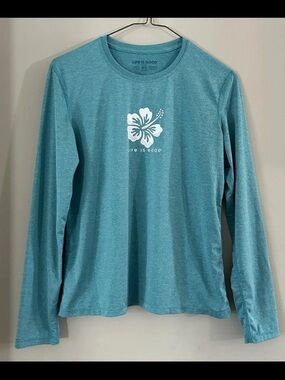 Life Is Good Women's Teal Long Sleeve Active Tee with Hibiscus Flower